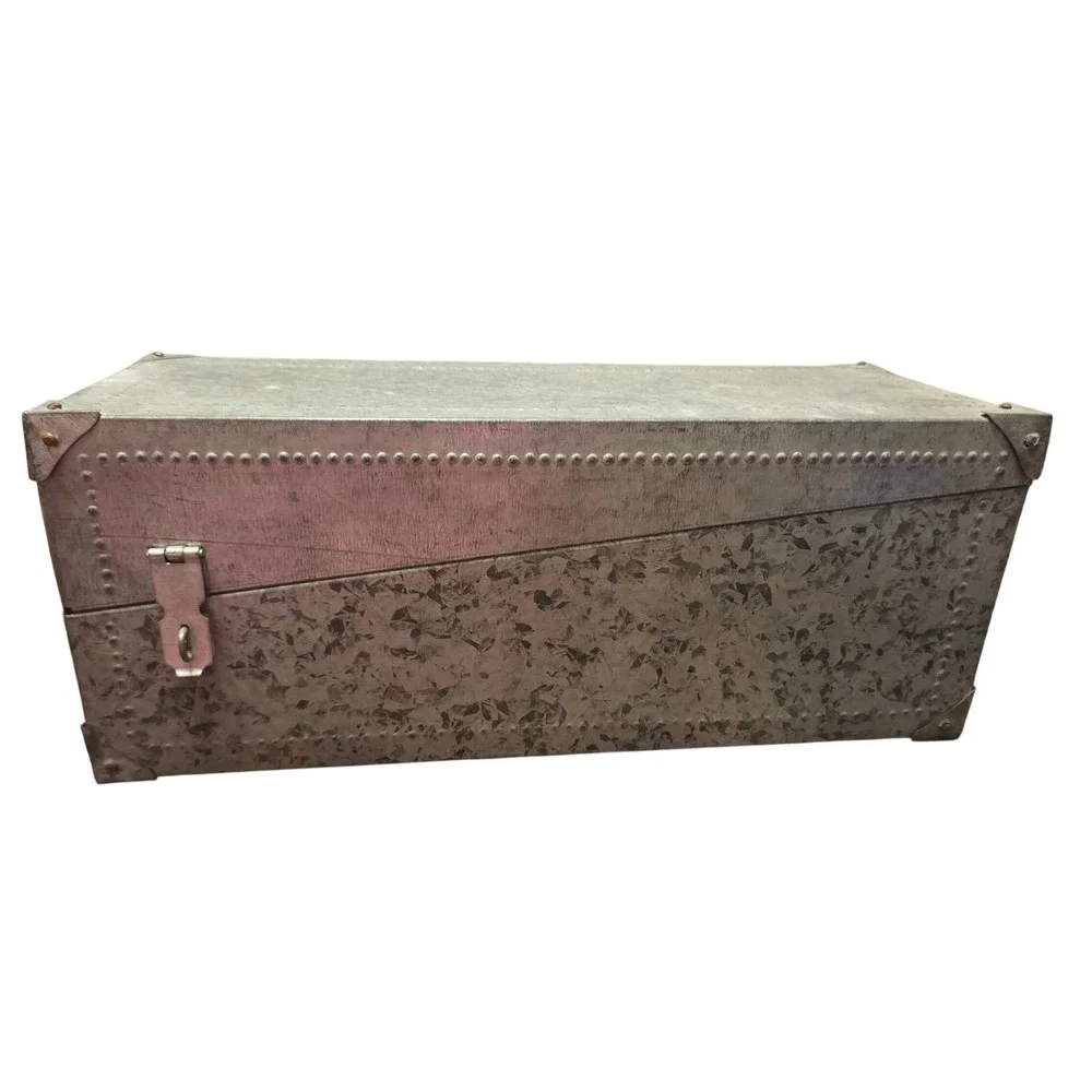 Vintage Galvanized Metal Industrial Storage Box Slanted Lid Leather Handle